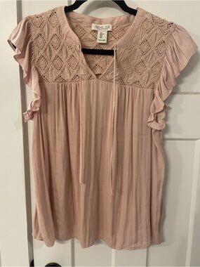 Rachel Zoe Dusty Rose Crochet Yoke Flutter Sleeve Blouse